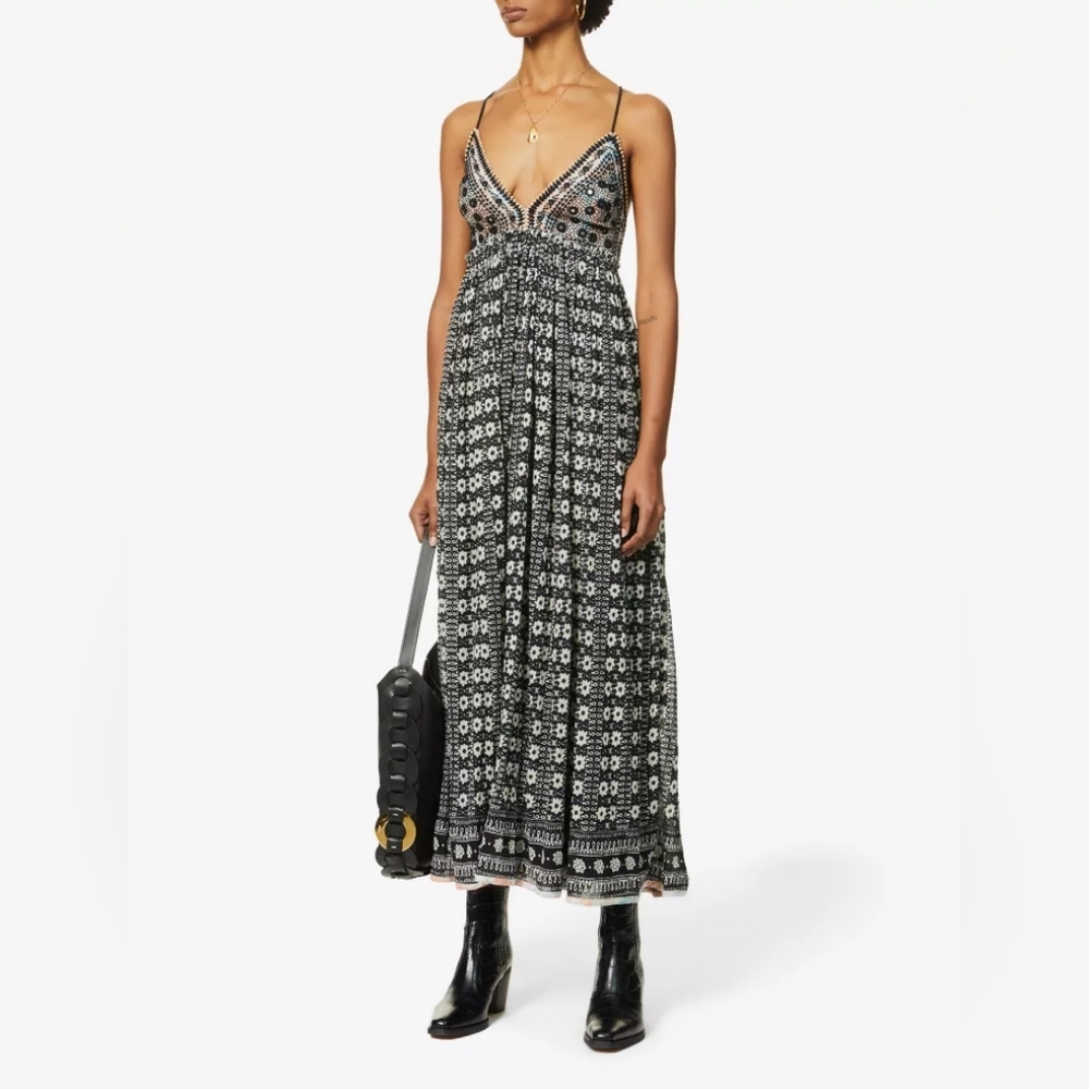 Free People Good Vibes Embroidered Cotton Long Maxi DRESS One Size - Picture 10 of 14